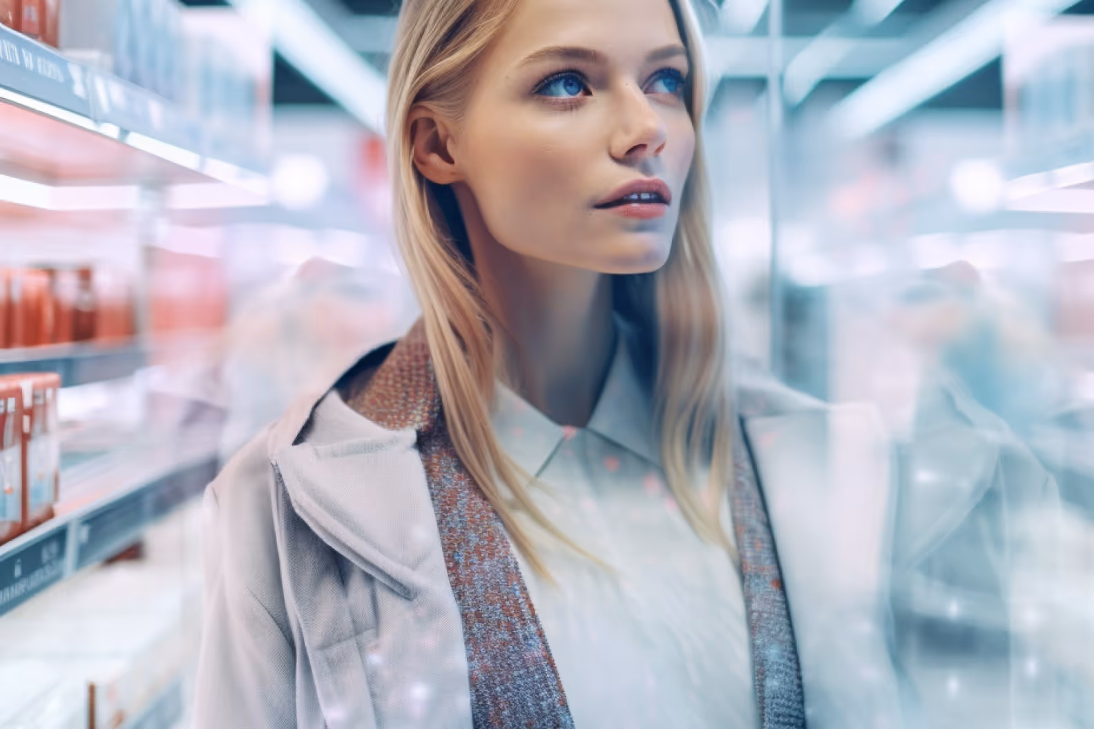 Girl in white jacket in grocery store